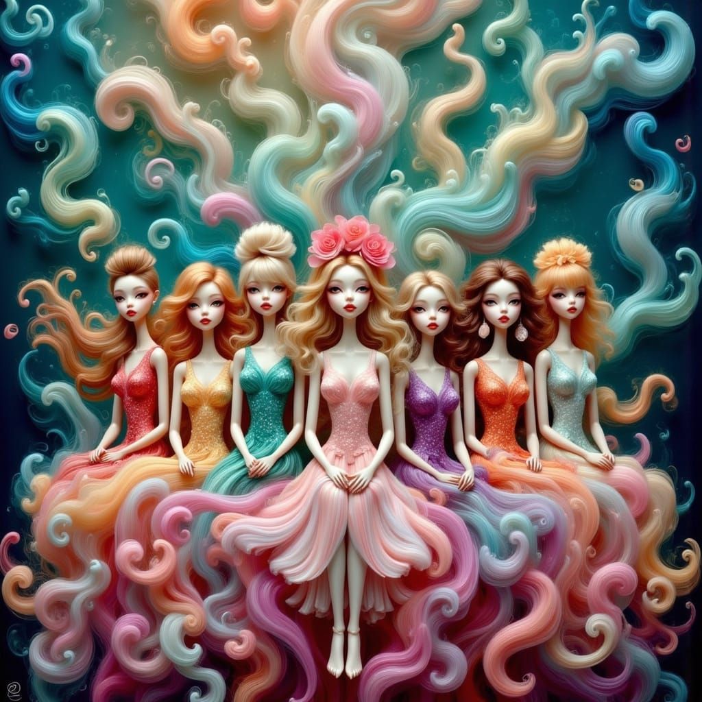 Surreal Dreamscape of Dolls on Rose Petal Stage