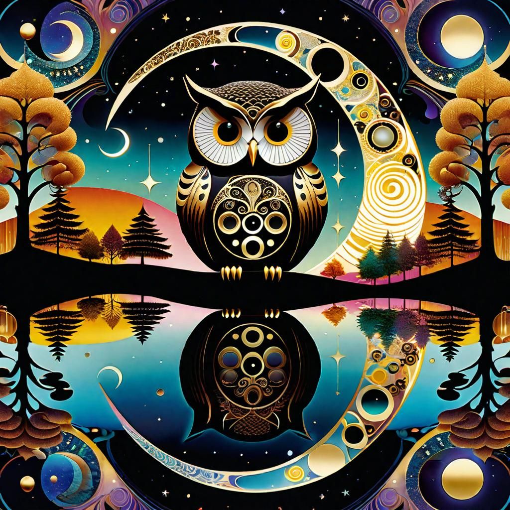 Surreal Owl Clock Reflecting in Lake, Maximalist Art