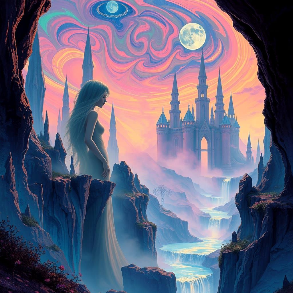 Dreamlike Goddesses Merge with Vibrant, Ethereal Landscapes