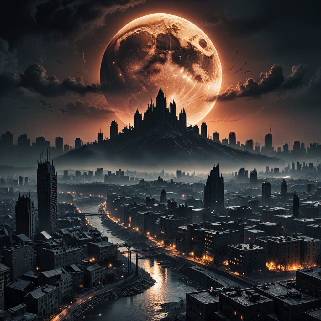Black Moon Rises Over Apocalyptic City Landscape