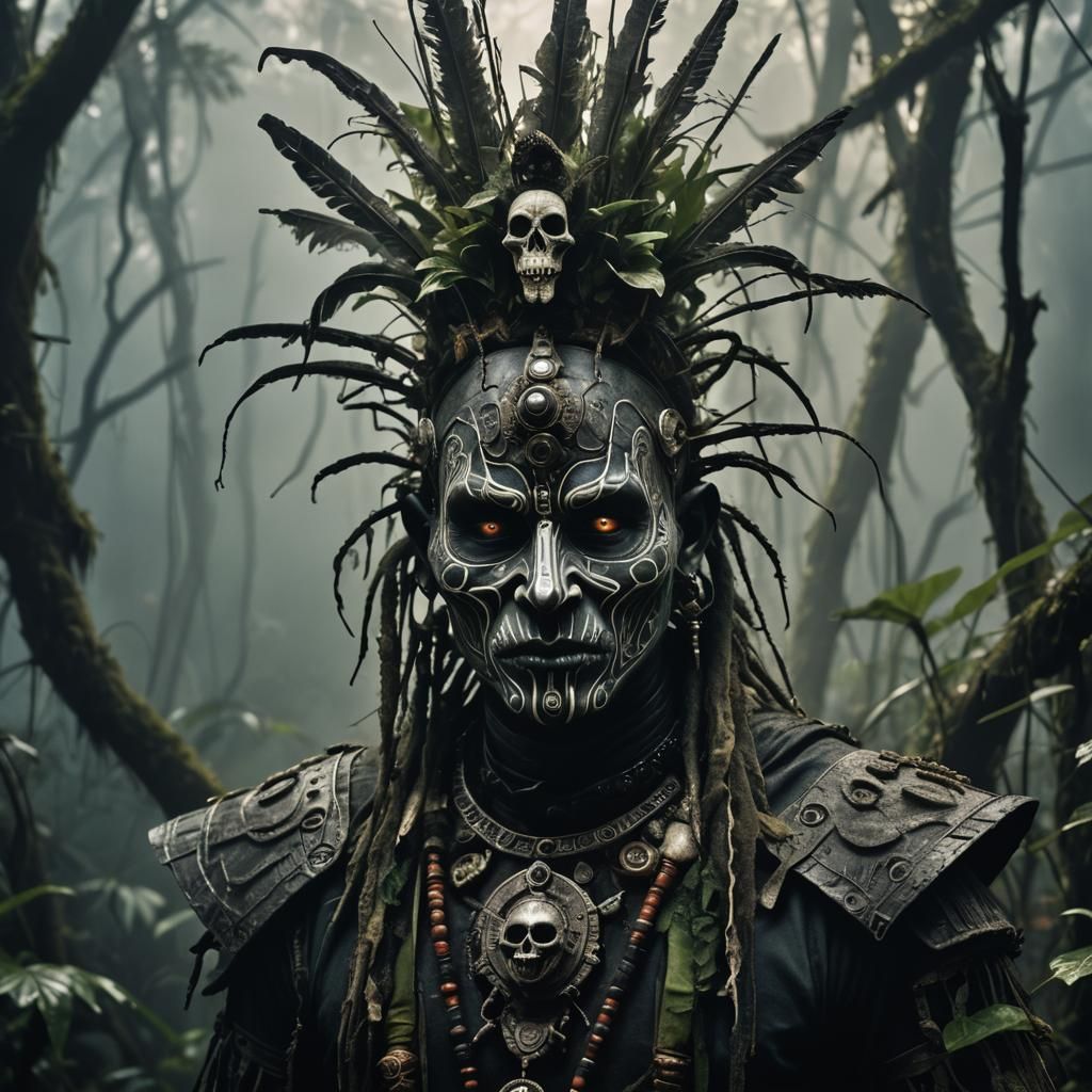 Eerie Witch Doctor in Dim Jungle, Dark Surrealism