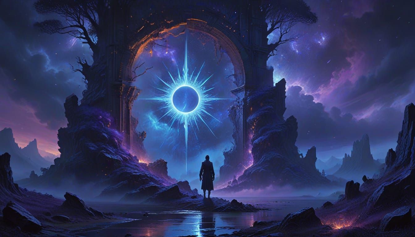Surreal Explorer Faces Blazing Portal in Digital Painting