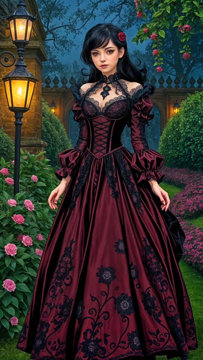 Gothic Woman Strolls Through English Garden in Elegant Gown
