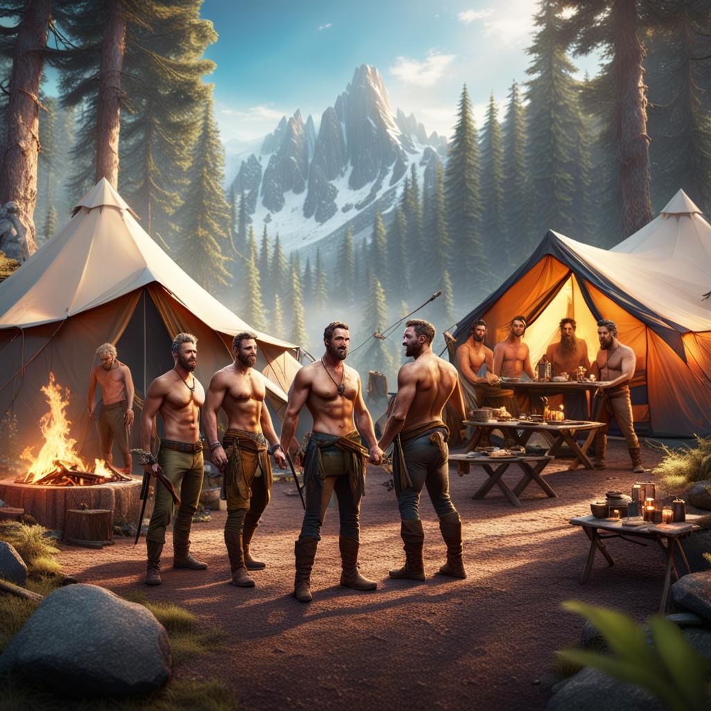 Glamorous Gay Outdoorsmen at a Campsite: Fantasy Concept Art