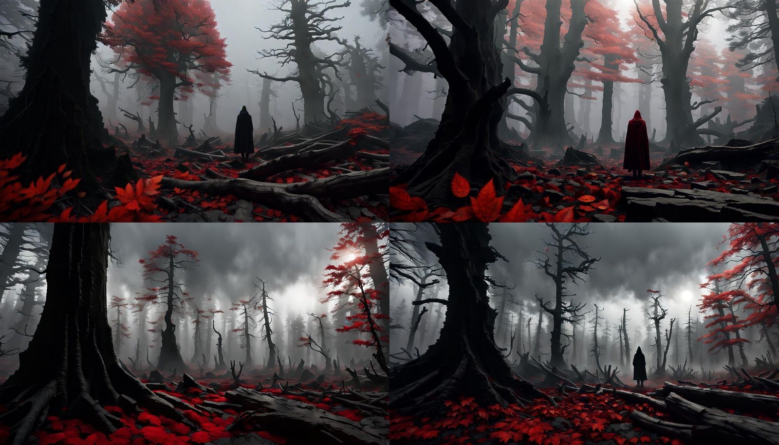 Hooded Figure in Petrified Crimson Forest