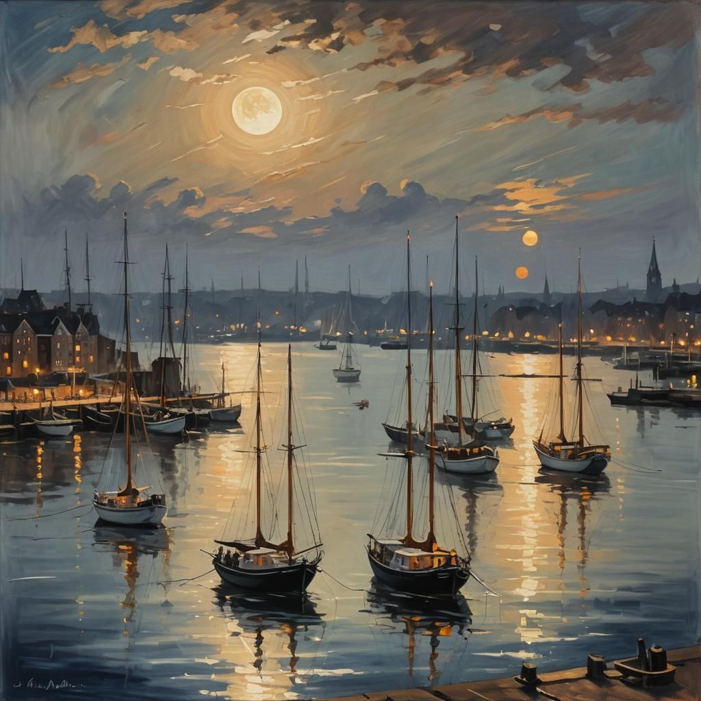 Hamburg Harbor at Night: Impressionist Painting