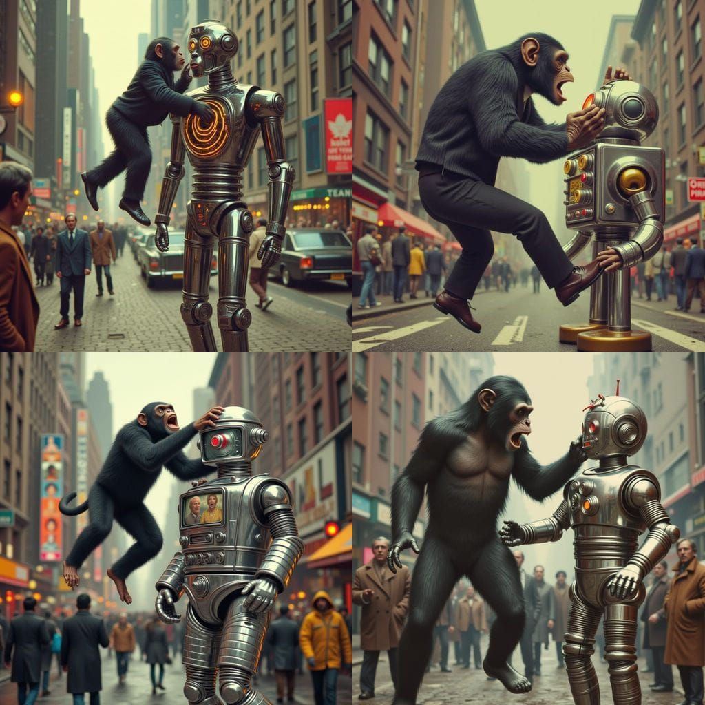 Furious Chimpanzee Battles Retro Robot in Manhattan Streets