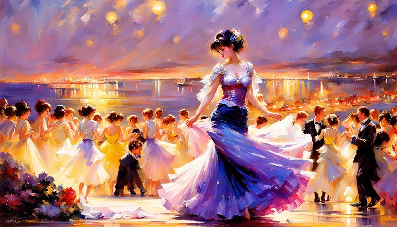 Manga Dancers in Night Landscape, Pino Daeni Style