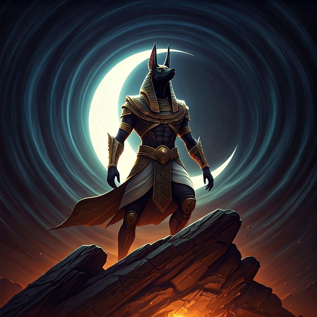 Anubis the great Egyption god howling at the moon
