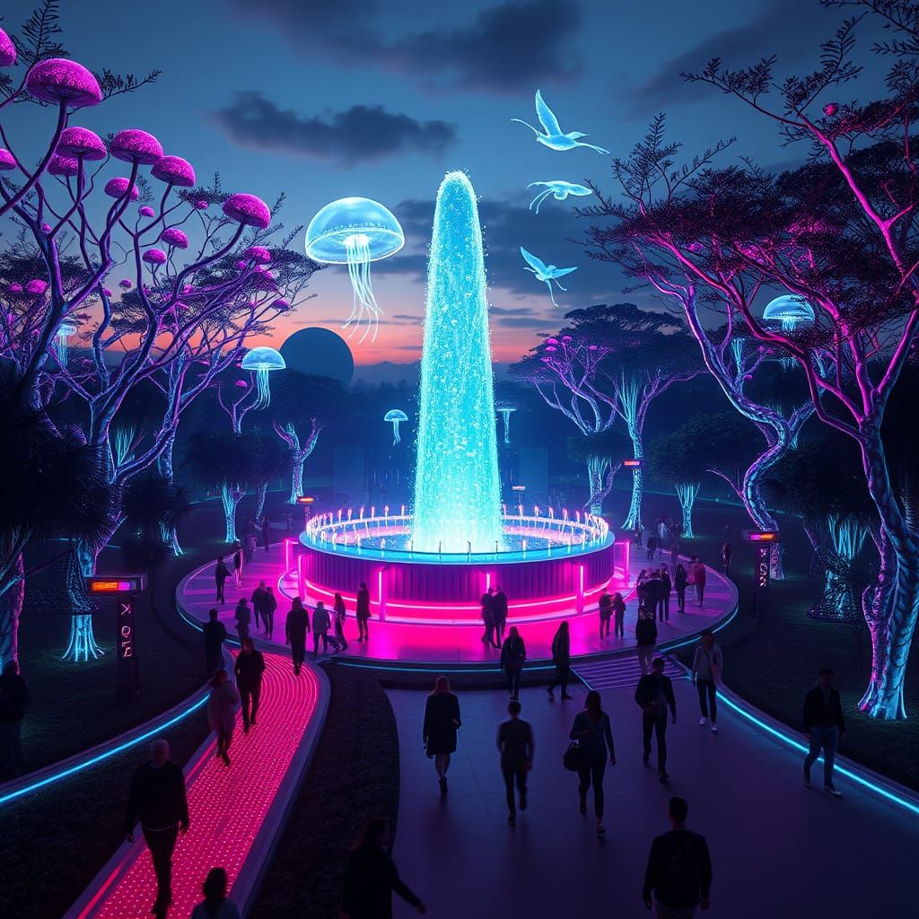 Cyberpunk Futurism Park at Night in Vibrant Neon