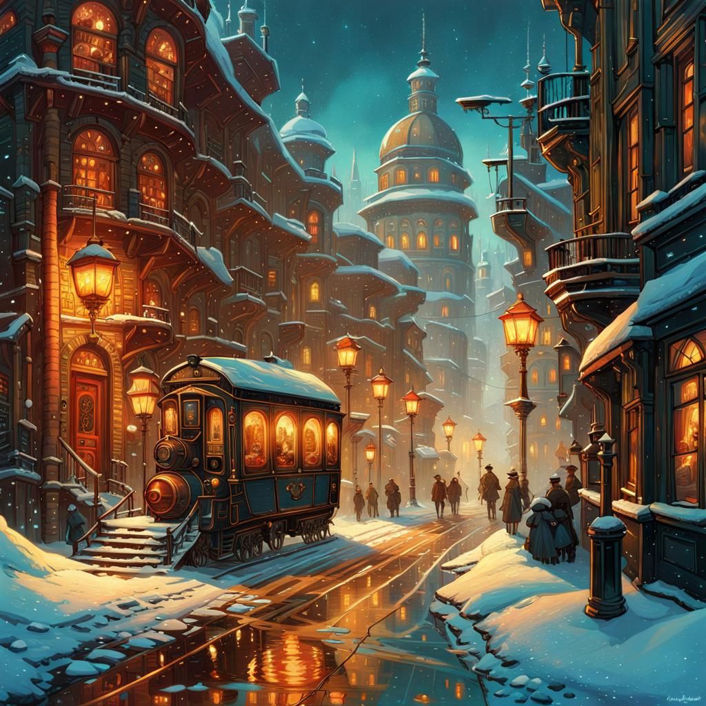 Steampunk City Street in Snow, Detailed Matte Painting