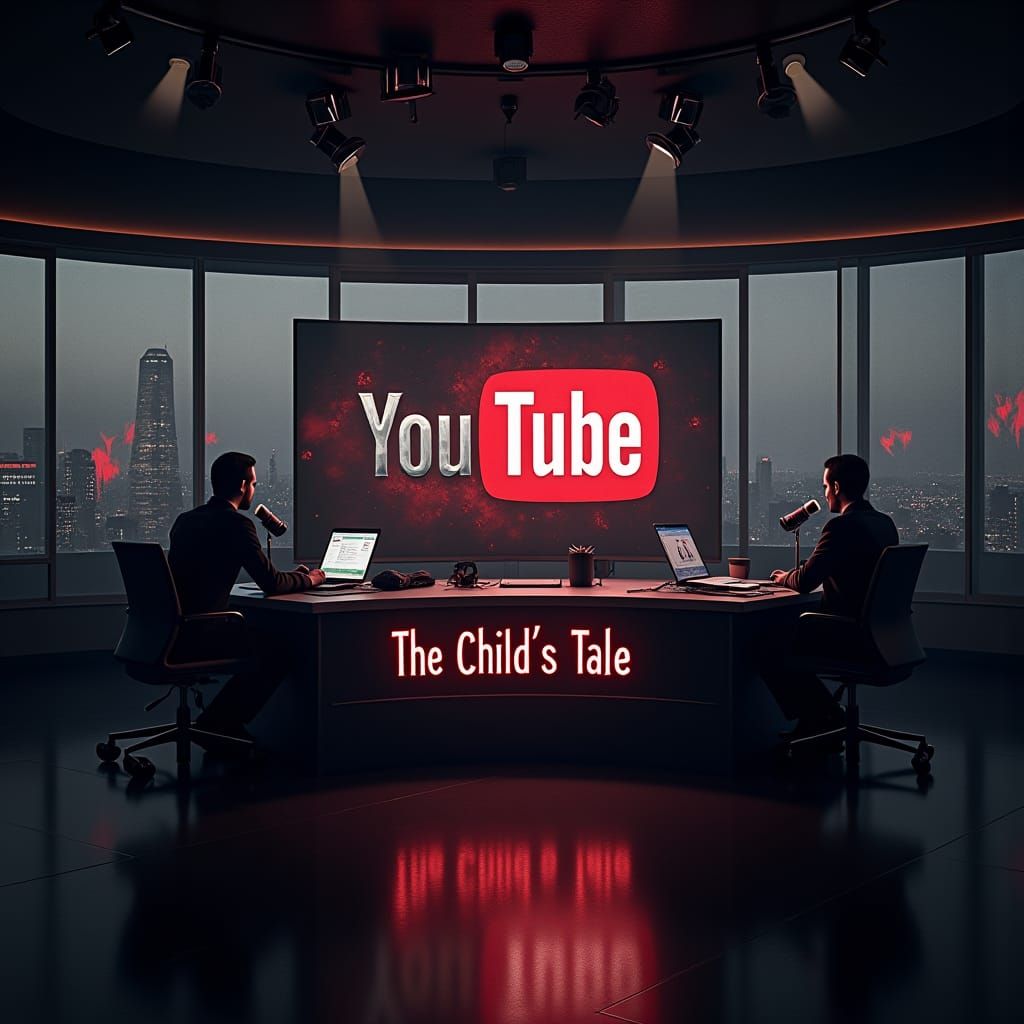 Ominous Podcast Studio with Cityscape in Fantasy Art Style