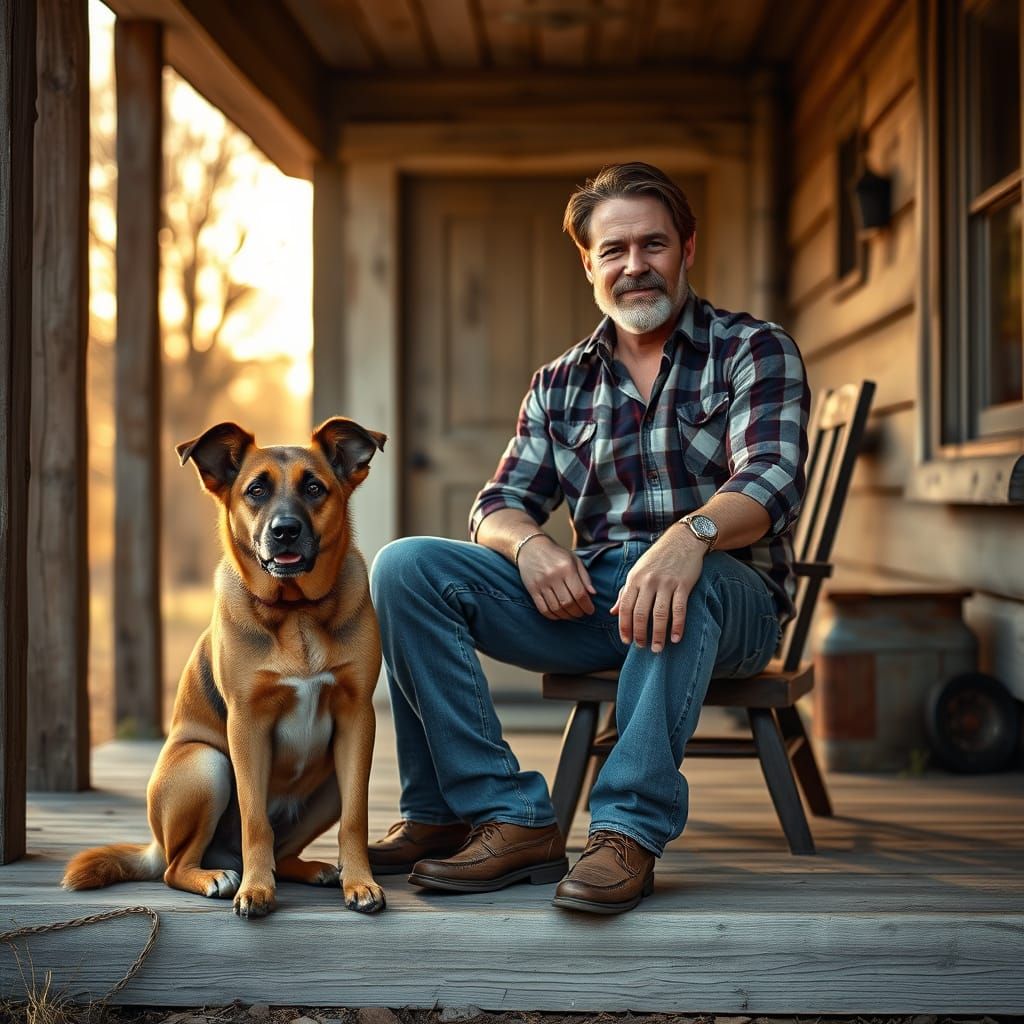 Man and Dog on Farmhouse Porch in Golden Light