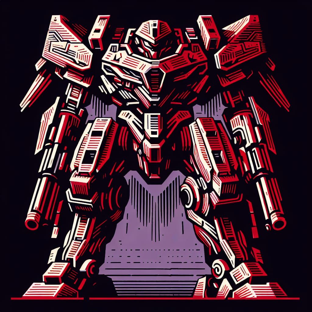 Armored Core Mech in Linocut Propaganda Style