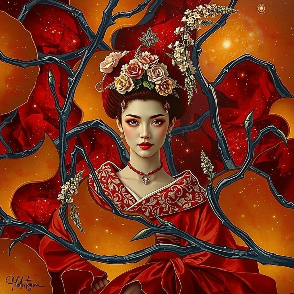 Elegant Geisha in Crimson Kimono Among Luminous Flora