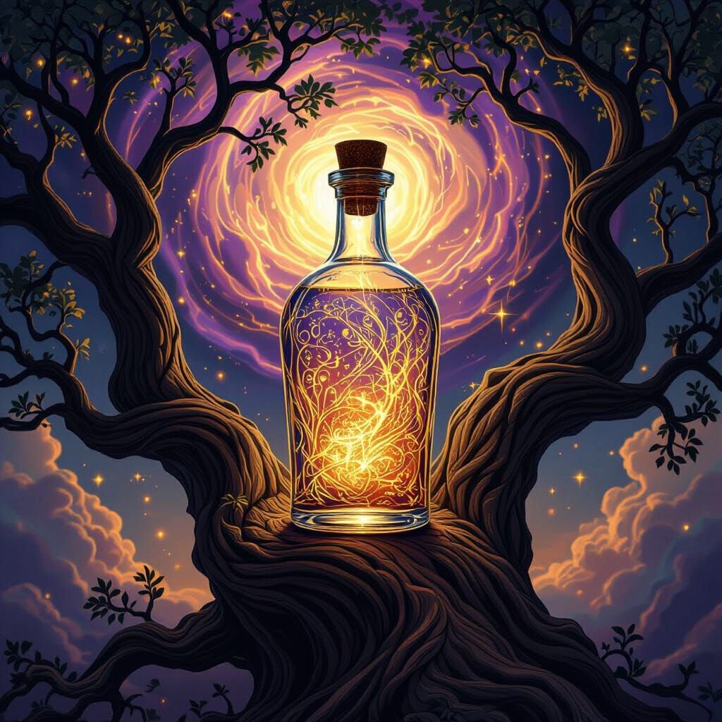 Magical Bottle on Ancient Oak in Art Nouveau Style
