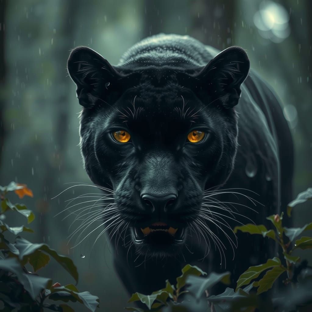 Hyperrealistic Black Panther in Rainy Forest