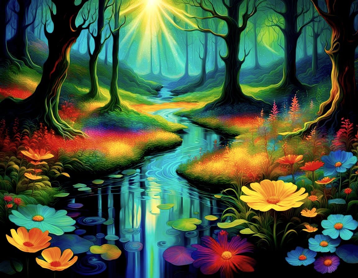 Surreal Forest Glade with Luminous Wildflowers