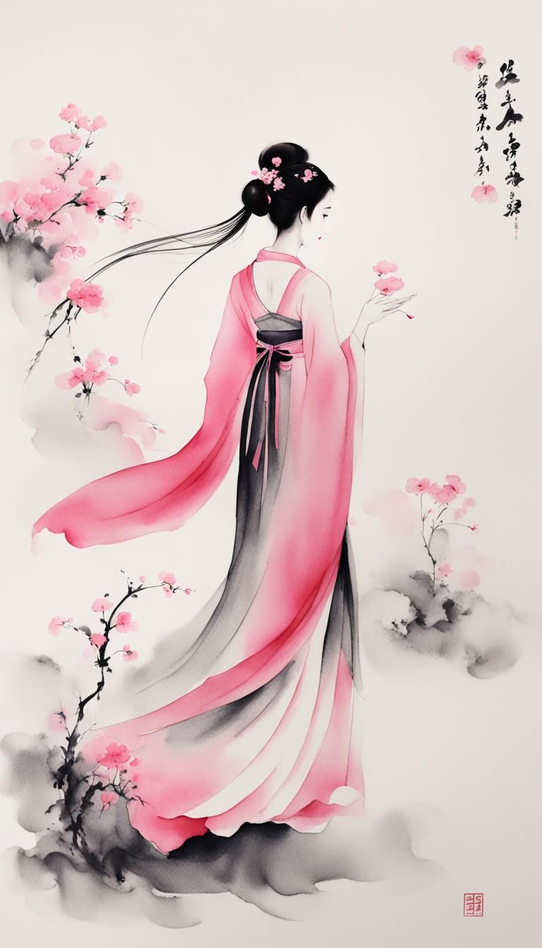 Minimalist Ink Painting of Dancing Woman with Flowers