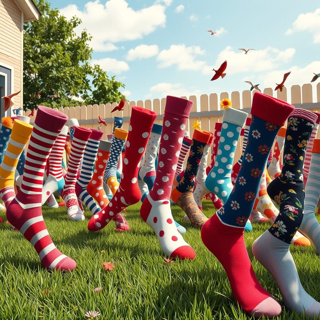 A whimsical yard with a collage of different socks of a vari...