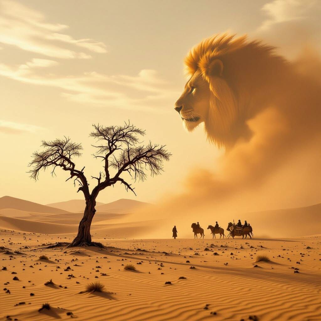 Epic Desert Caravan with Lion Silhouette, Cinematic Still