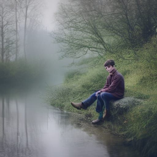 Young Boy Lost in Thought by Twilight Riverbank