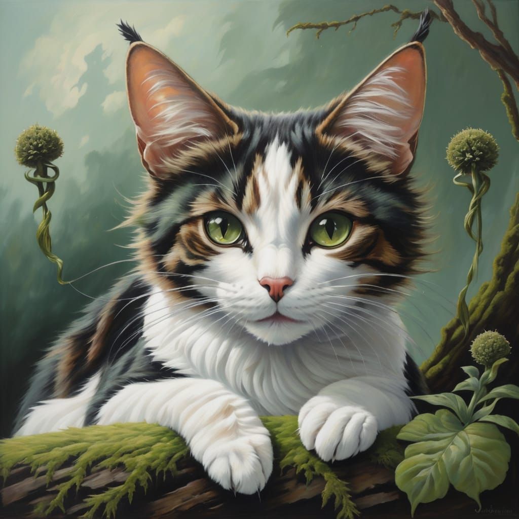 Romantic oil painting of a cat sitting on top blade made of spinning and the unsettling portraiture of the fae of the mo...
