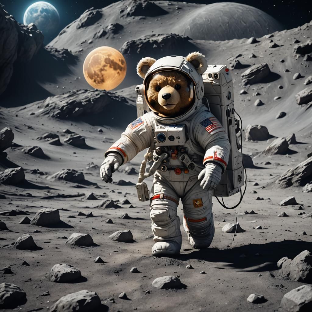 Astronaut Teddy Bear on Moon, Detailed Matte Painting
