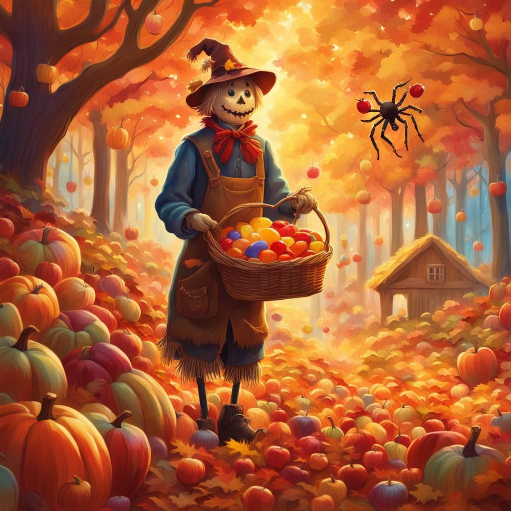 Scarecrow Harvests Candy in Autumn Fantasy Illustration