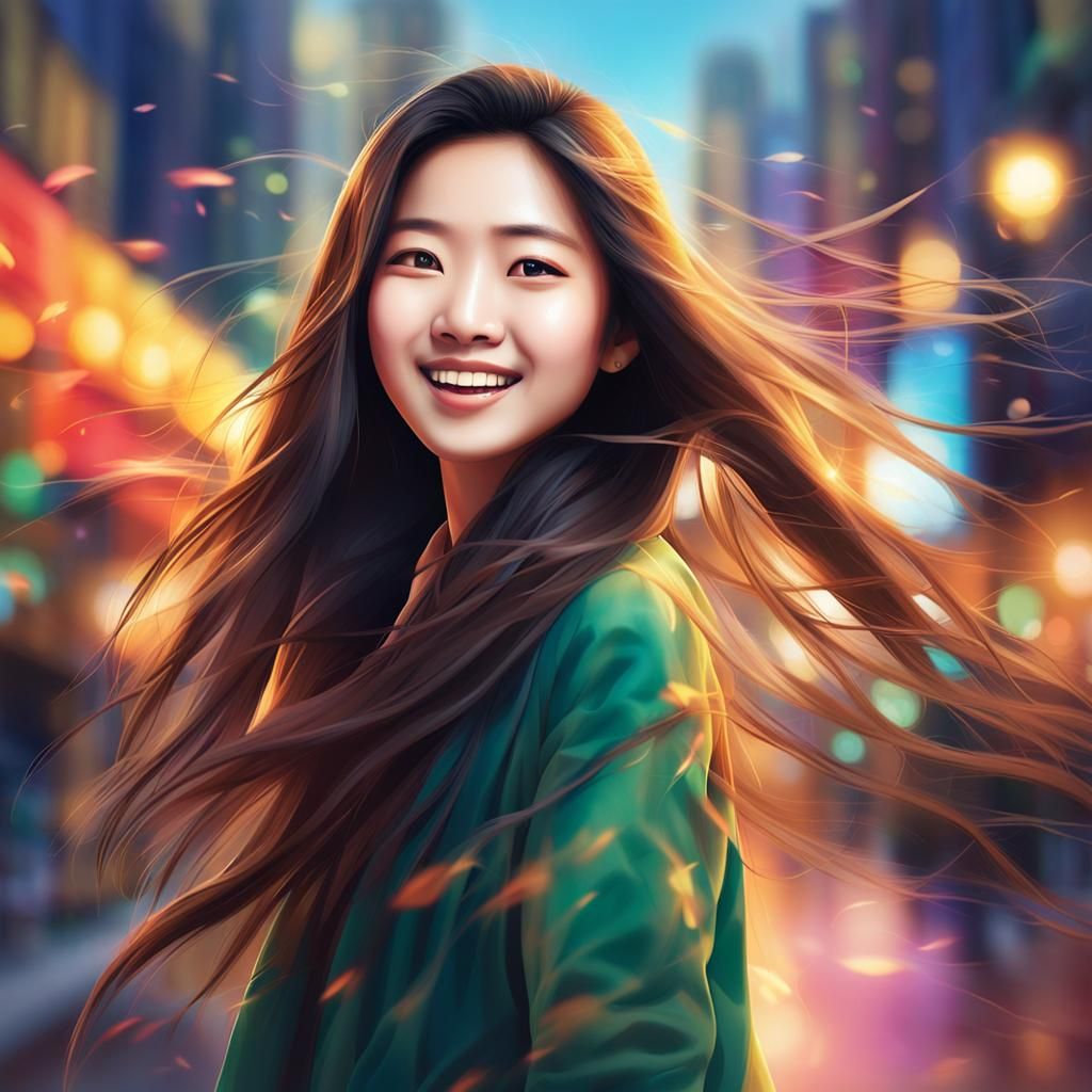 Confident Asian Woman in Vibrant Cityscape