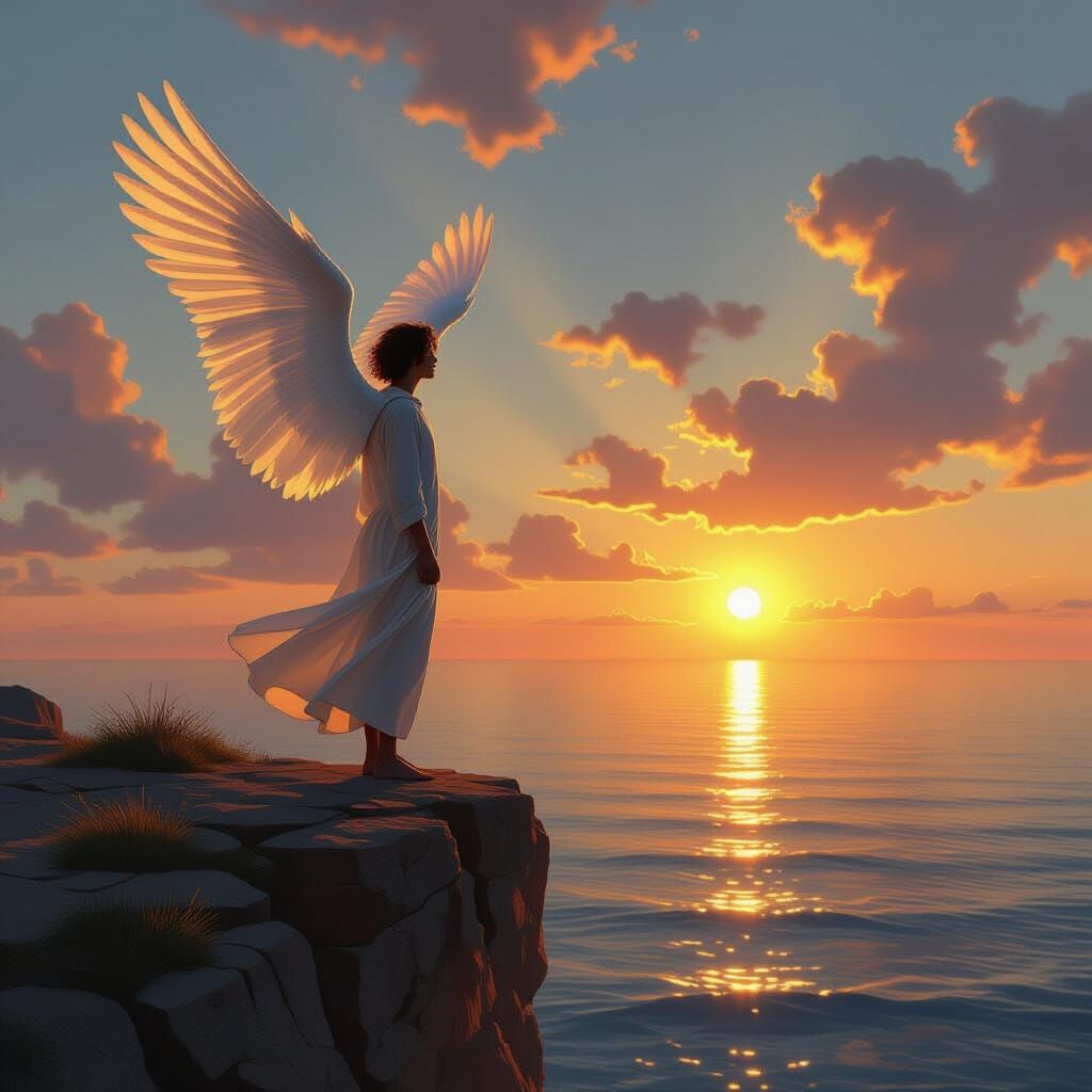 Young Man with Wings on Cliff Over Golden Sea at Sunrise