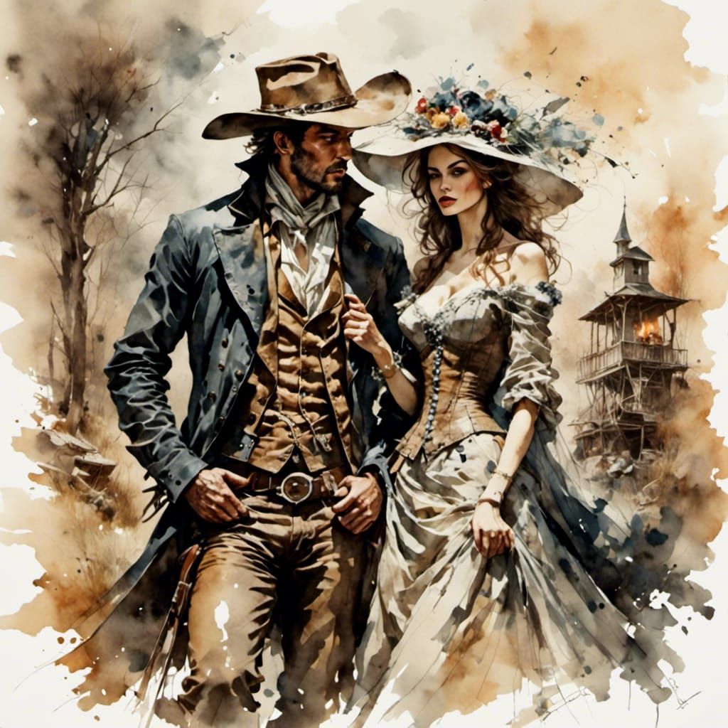 Wild West Card Game in Antique Watercolor Style