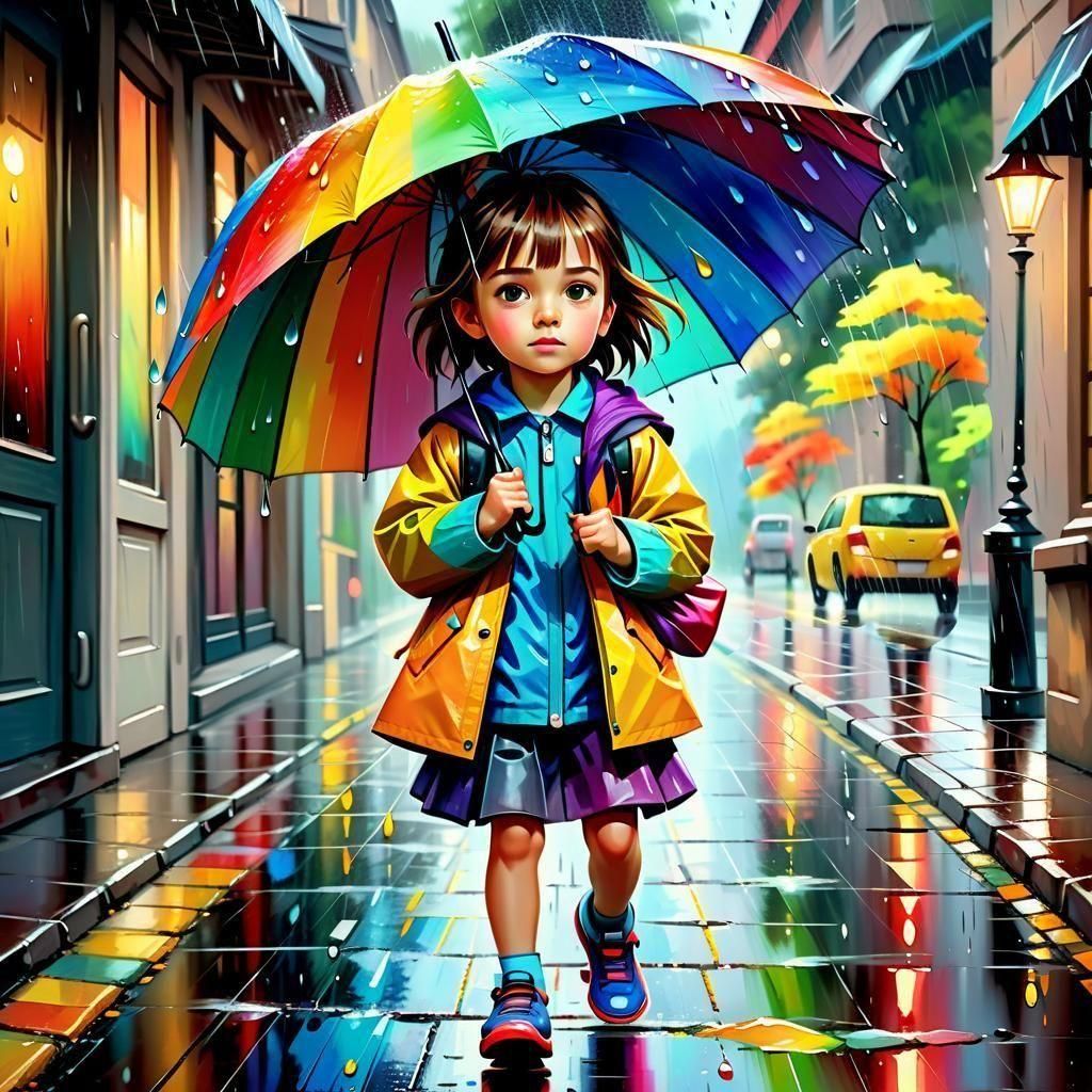 Child with Umbrella in Windy Cartoon Style