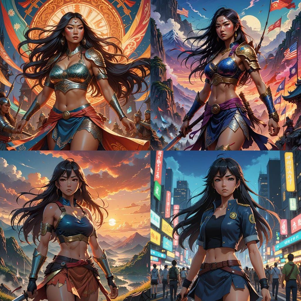 Vibrant Warrior Goddess in Neon Landscape