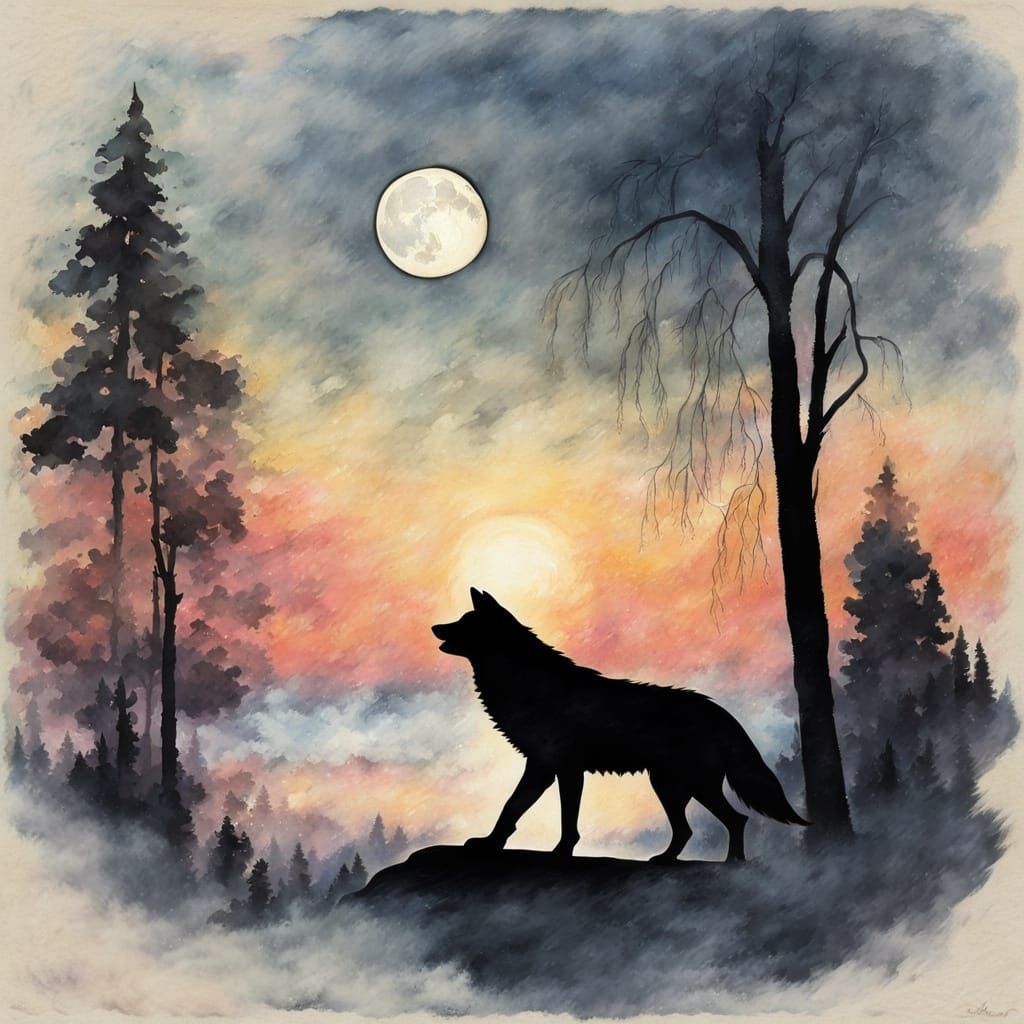 Moonlit Wolf Silhouette in Impressionist Style