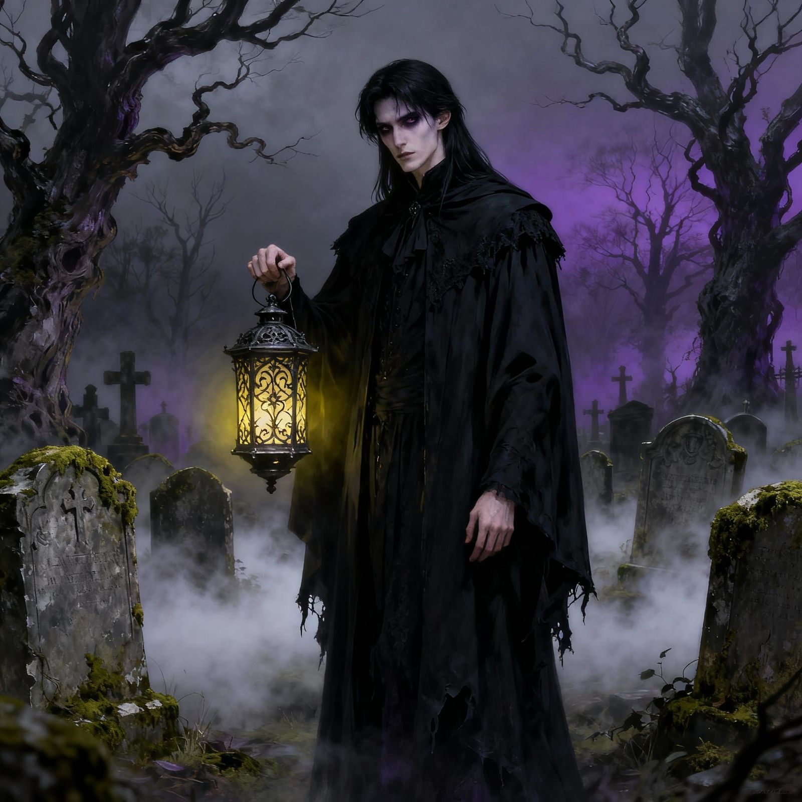 Gothic Dark Fantasy Man in Foggy Graveyard