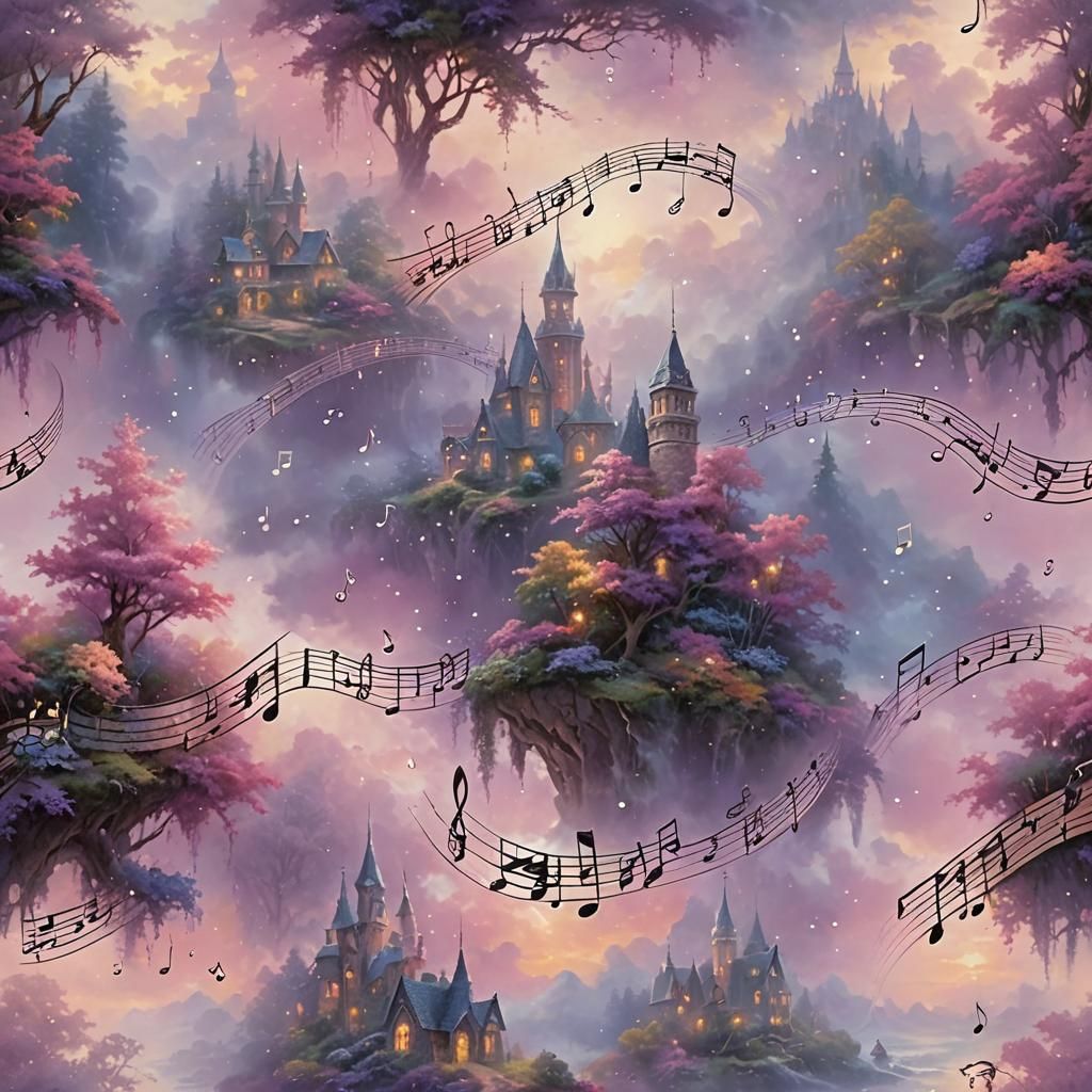 Ethereal Fantasy Music Notes in Pink and Purple