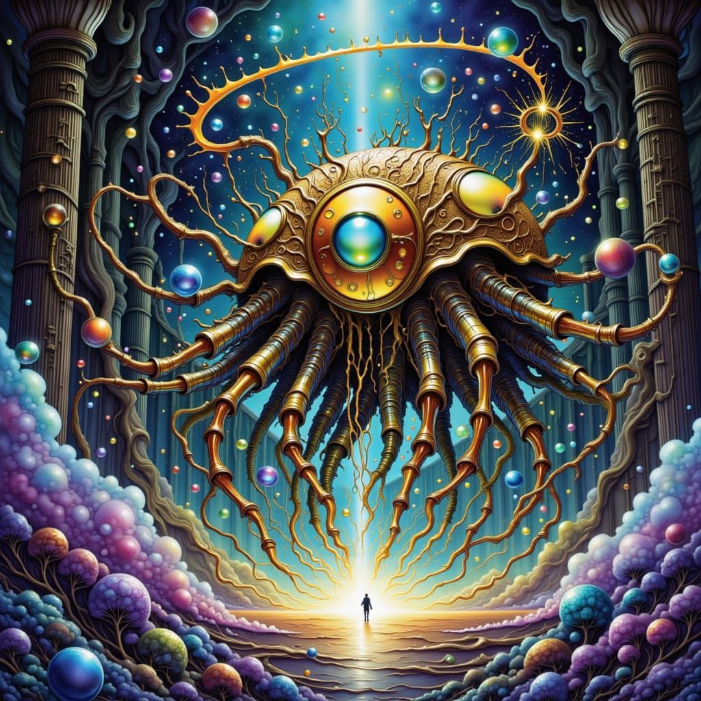 Ornate Roomba with Glowing Runes in Cosmic Fantasy Style