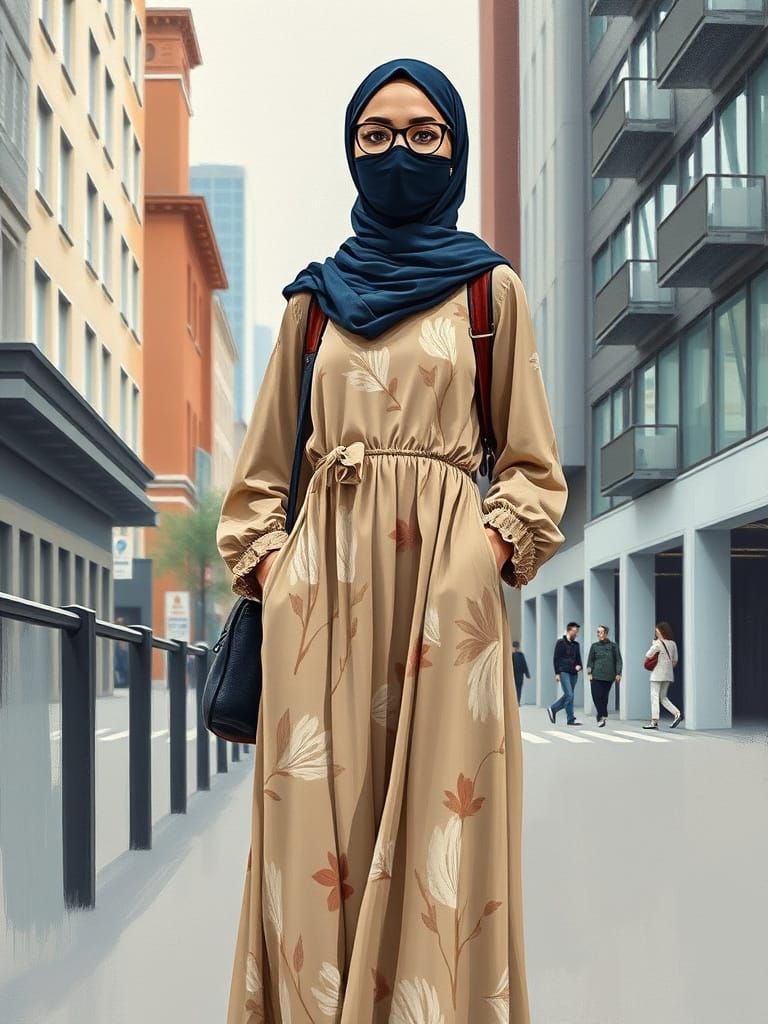 Minimalist Painting: Woman in Hijab in Modern City