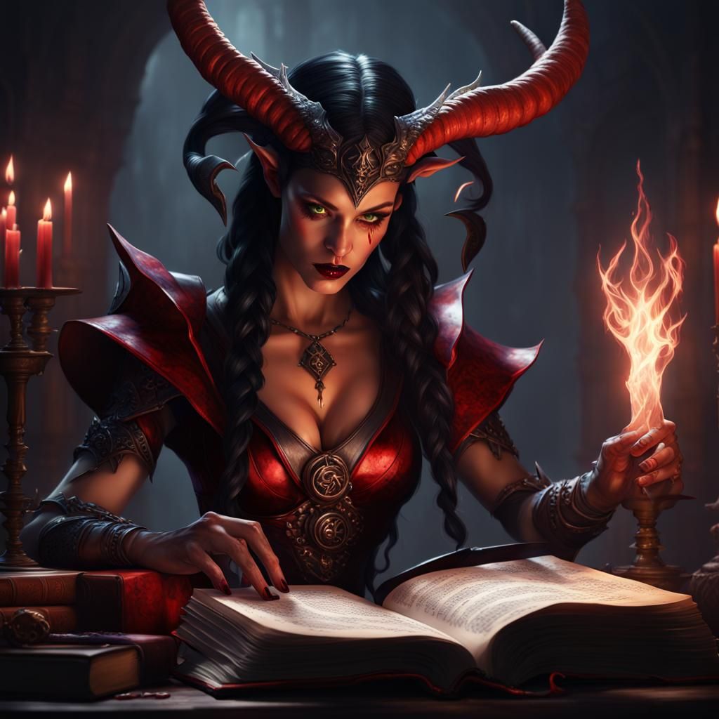 Tiefling Warlock Casting a Spell in Dark Fantasy Style