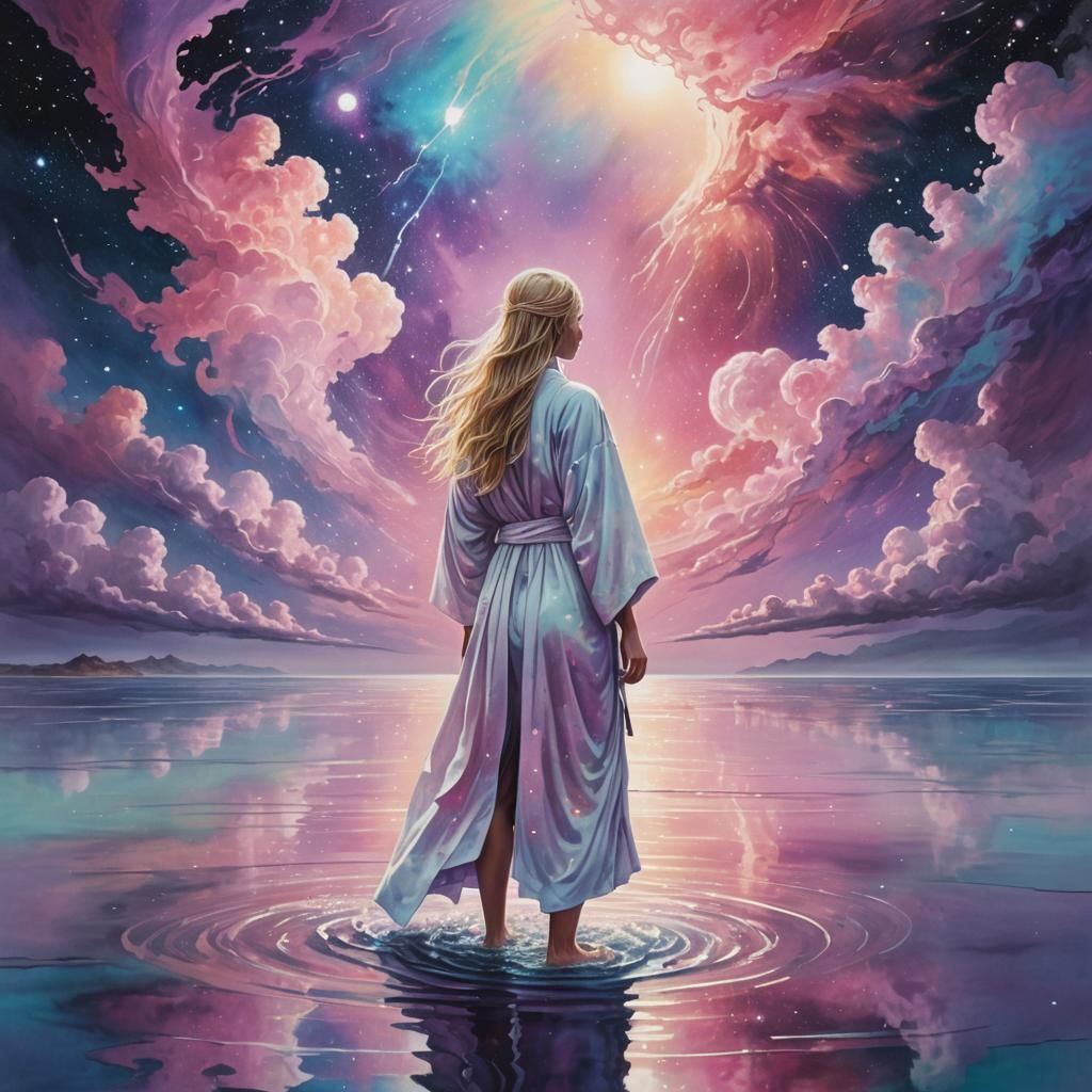 Cosmic Woman in White Ninja Robes: Digital Art