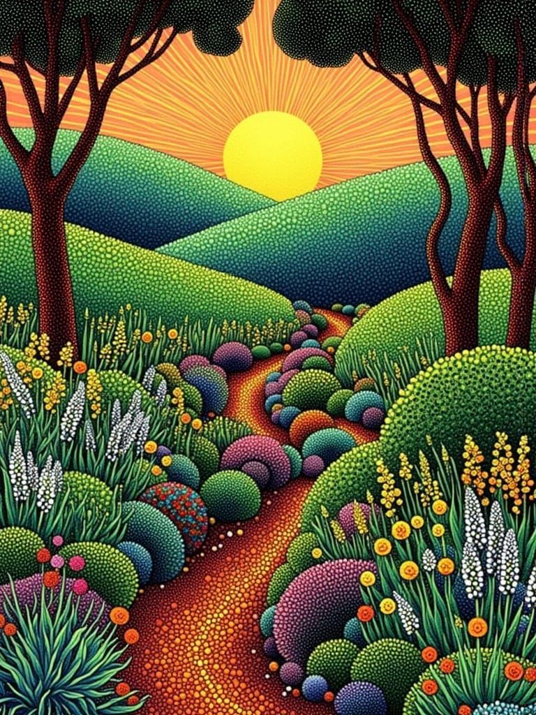 Surreal Garden in Love Forest, Pointillism Style