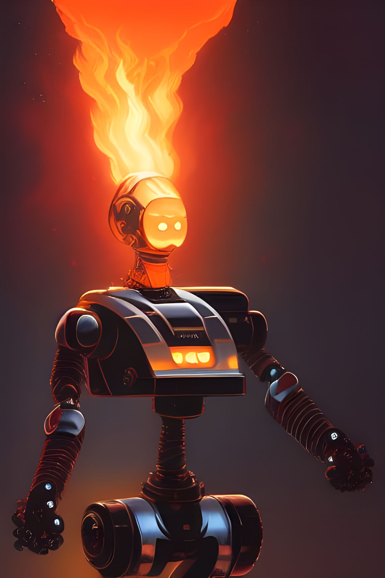 Fiery Robot Portrait in Retrofuturistic Style