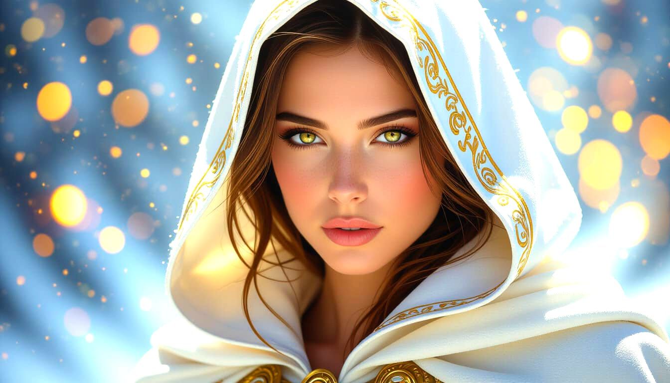 Woman in Gold Cape with Expressive Eyes