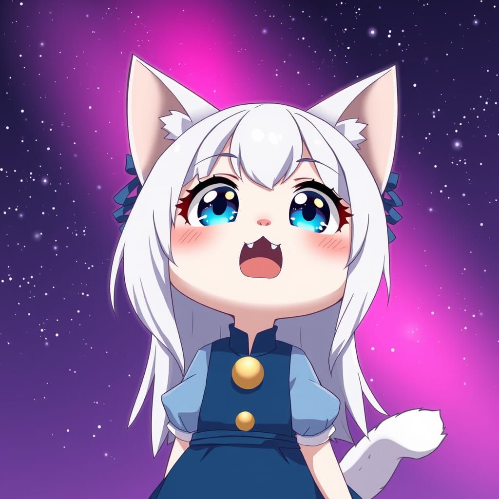 Kawaii Anime Catgirl Admires the Night Sky