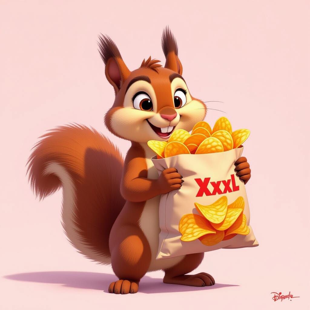 Cartoon Squirrel Hiding Chips in Disney Pixar Style
