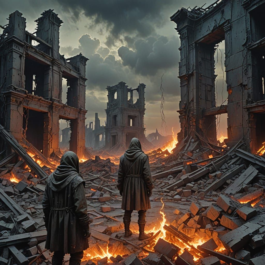 Dystopian Surrealism: Figure Amidst Ruins in Dark Fantasy St...
