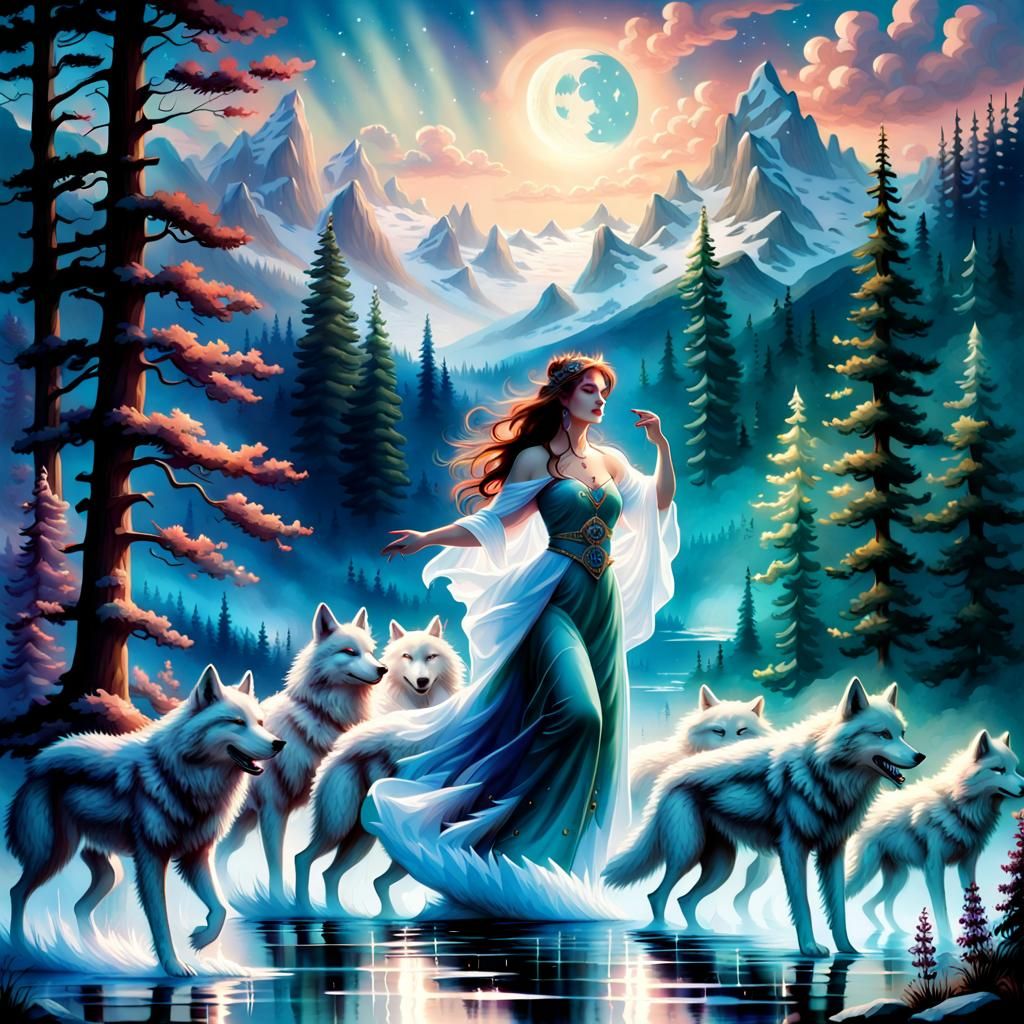 Moon Goddess Dancing with Wolves in Ethereal Landscape