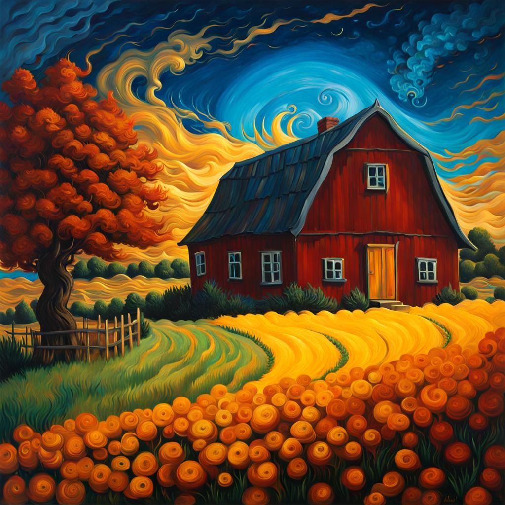 Golden Swirls Over Cottage as Impasto Painting