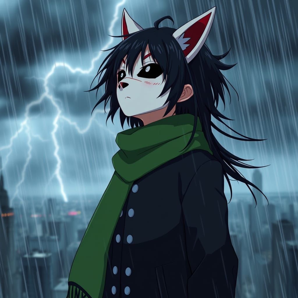 Boy in Rain with Kitsune Mask, Cinematic Style